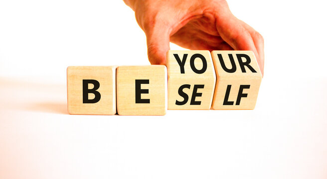 Motivational be yourself symbol. Concept words Be yourself on beautiful wooden block. Beautiful white background Businessman hand. Business motivational be yourself concept. Copy space. - Powered by Adobe