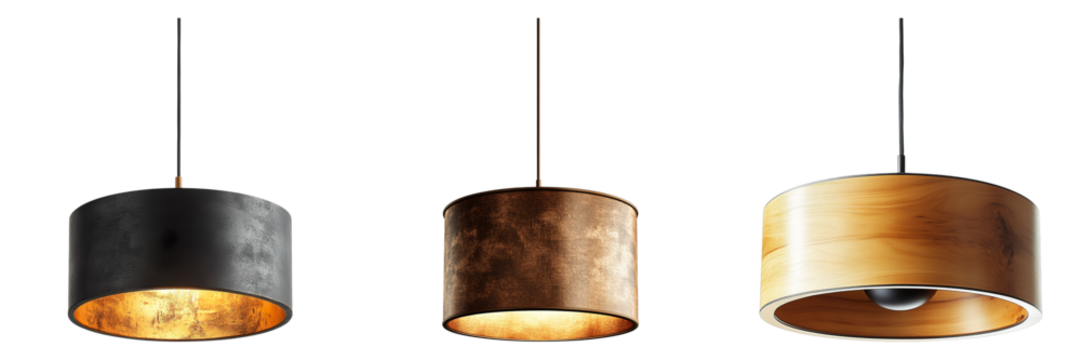 Three modern lamps with stylish designs hanging from the ceiling. They are designed in different colors with a contemporary look. The light bulbs are visible through the lampshade