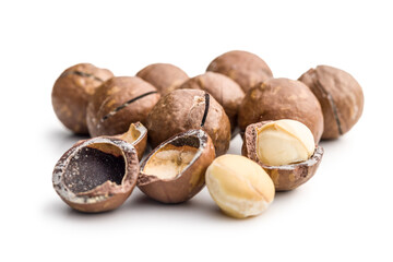 Tasty macadamia nuts isolated on white background.
