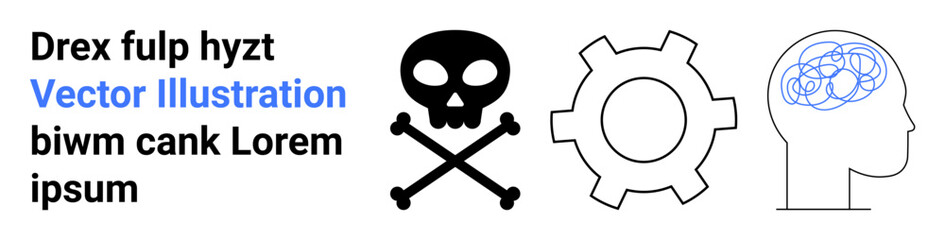Skull symbol represents danger or toxicity, gear embodies work or mechanisms, and human head shows thought processes. Ideal for warning, engineering, psychology, education, productivity, health