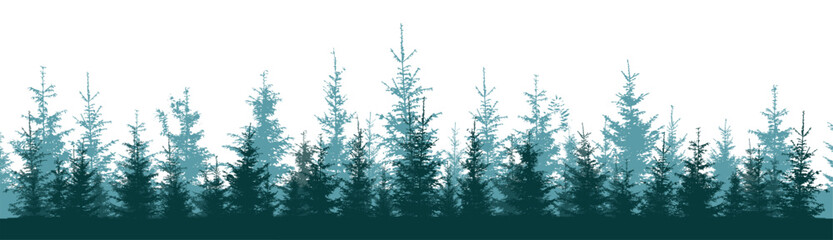 Fir trees silhouette. Christmas winter forest. Beautiful hand drawn panorama of coniferous forest. Not AI, vector illustration.