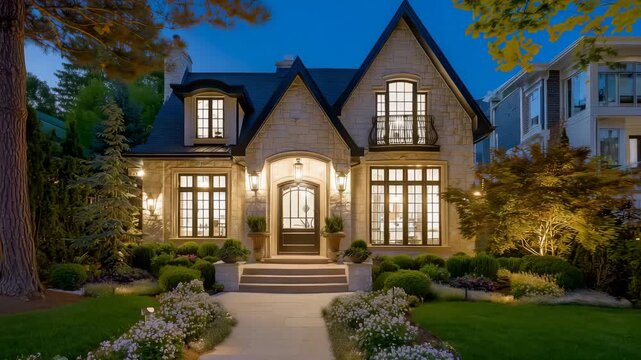 144Stunning twilight exterior of a newly constructed luxury residence, stone fa&ccedil;ade glowing under warm window lights, artfully maintained landscaping surrounding the traditional-meets