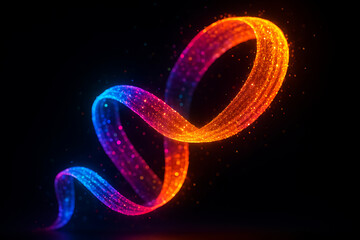 Twisted neon rainbow glitter ribbon forming a glowing abstract light trail on dark background