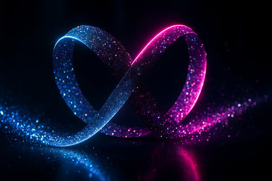 Neon pink and blue infinity ribbon with glowing glitter particles creating a modern futuristic abstract background