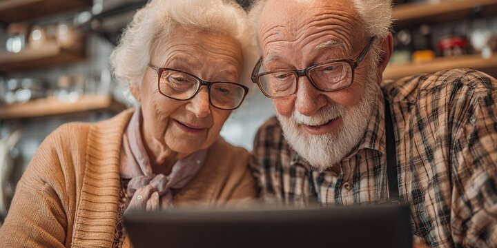 Elderly couple sharing a joyful moment while exploring a tablet at a cozy cafe in the afternoon