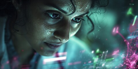 Focused scientist analyzing data in a high-tech lab environment during an evening research session