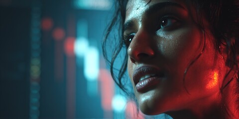 Intense moment captured in a futuristic setting with a woman focused on technology at night