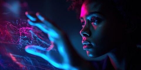 Young woman interacts with digital interface in a dark, futuristic setting with vibrant blue and pink lighting