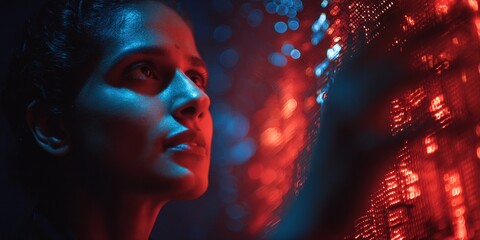 Woman interacting with glowing digital display in a dark setting during an evening event