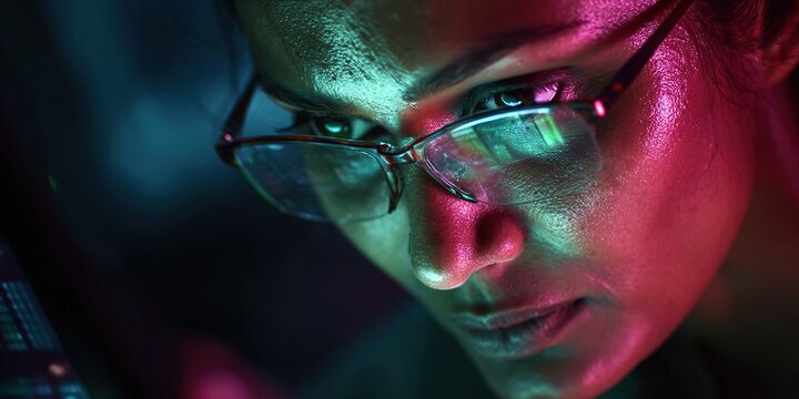 Focused woman wearing glasses works intently on a digital device in a colorful illuminated setting