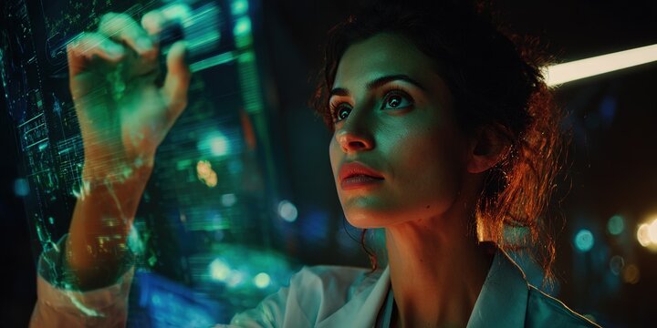 Woman interacting with digital interface in a futuristic setting at night, showcasing advanced technology