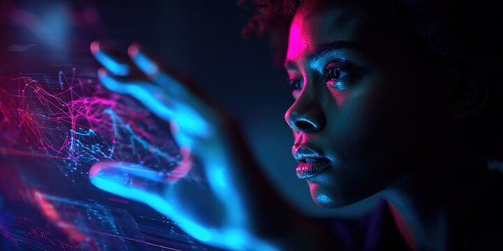 Young woman interacts with digital interface in a dark, futuristic setting with vibrant blue and pink lighting