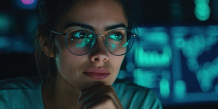 Focused woman analyzing data on screens in a dark room at night