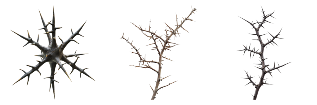 Three thorny branches, each displaying unique textures and shapes - Powered by Adobe