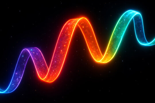 Vibrant neon rainbow glitter ribbon forming a glowing wavy abstract light trail on dark starry background