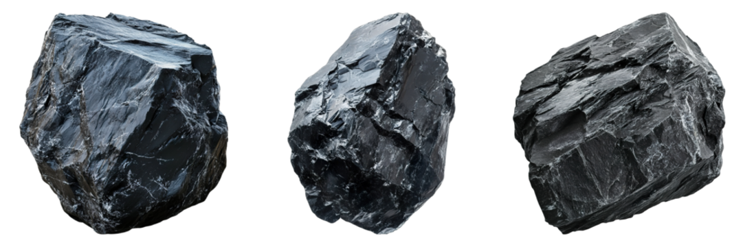 Three pieces of shiny black coal isolated, the rough textures on display. A dark and hard resource