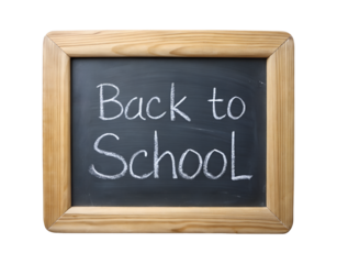 Back to school chalkboard sign with wooden frame isolated on transparent background