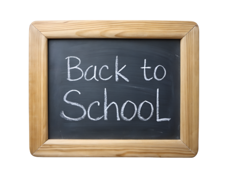 Back to school chalkboard sign with wooden frame isolated on transparent background