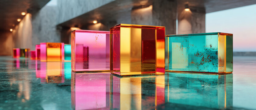 A series of colorful, translucent cubes on a reflective surface in an industrial setting with warm lighting and large concrete pillars