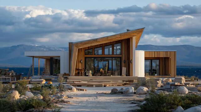 154Visualization of construction progress modern timber frame house halfway completed, with raw beams transitioning into sleek contemporary fa&ccedil;ade with wood cladding and wide windows