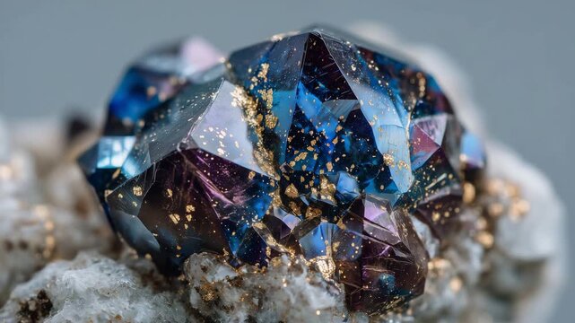 153Macro shot of mineral crystals with metallic luster on a white background, intricate facets reflecting subtle light gradients