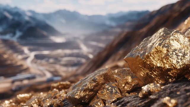 155Close-up composition of critical metallic minerals with reflective textures, mining shafts and industrial structures softly blurred behind, copy space for text overlay