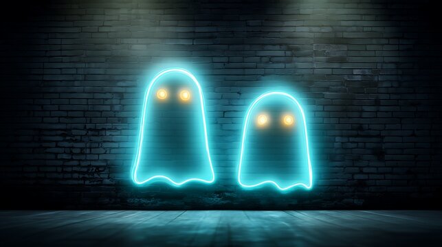 Spooky glowing ghosts on brick wall for Halloween party, eerie haunted house vibe - Powered by Adobe