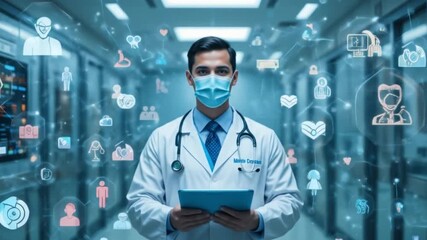 Doctors in a hospital with digital medical icons, graphic banners showing medical symbols, medical care workers, emergency services network, doctor's data about patient's health. 4k video - Powered by Adobe