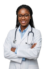 Fototapeta premium A confident african american female physician wearing a white lab coat and stethoscope smiles with her arms crossed isolated on transparent background