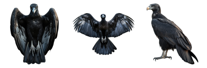 Elegant black birds showcasing their wings in various poses