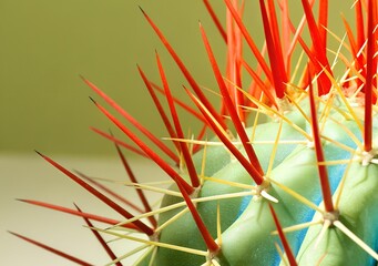 Green cactus featuring vivid red spines in crisp macro detail, textured skin and strong color contrast creating a striking botanical close-up.