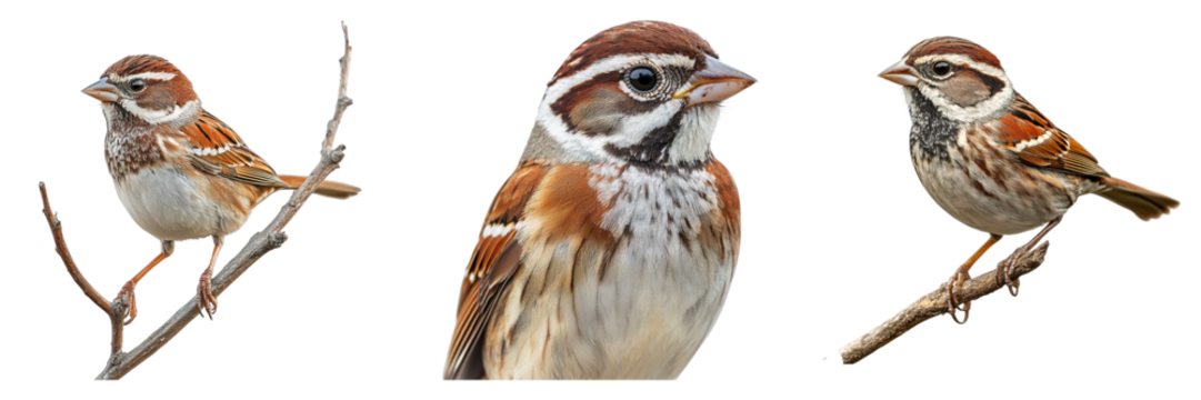 A stunning capture of three small birds perched gracefully on branches, showcasing their intricate plumage and delicate features. Each bird offers a unique perspective.