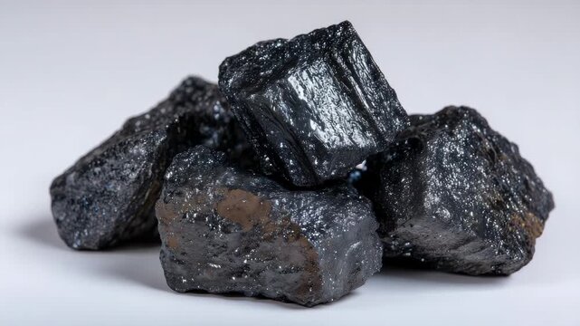 157Detailed macro photograph of rough hematite stones, deep gray metallic sheen glistening against pure white backdrop