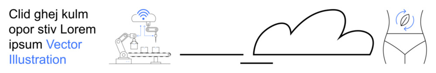 Cloud storage, data automation, IoT devices, manufacturing, health monitoring, smart systems. Robotic arm linked to cloud and wearable tech. Cloud computing and data automation concept