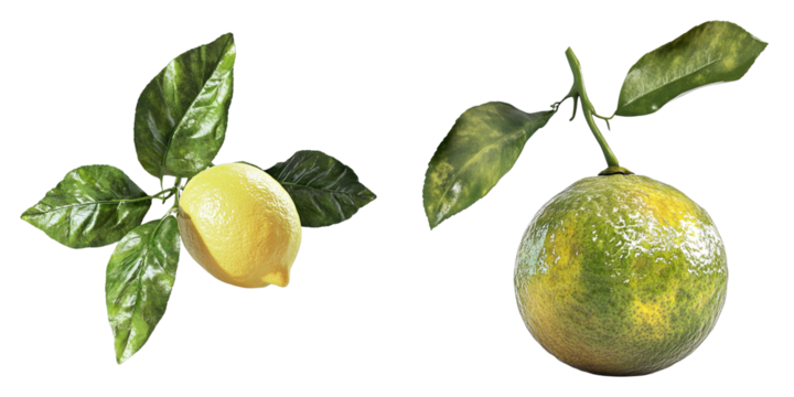 Fresh lemon and green tangerine fruit with leaves. The scene shows the vibrant colors of nature's bounty.