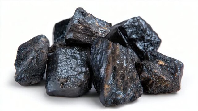 158Detailed macro photograph of rough hematite stones, deep gray metallic sheen glistening against pure white backdrop