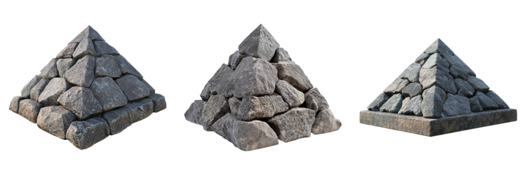 Three pyramid-shaped structures made of stone. They vary in size, showing the art of stacking stones