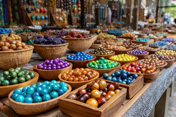 Fototapeta premium Colorful beads in wooden bowls at market stall