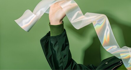 Hand in dark green sleeve raising a shimmering iridescent ribbon with pearly tones, soft reflections glowing against muted green backdrop.