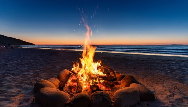 warmly glowing campfire on a deserted beach at dusk nature s serene escape