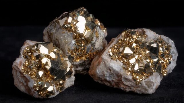 160Detailed view of shimmering pyrite clusters on a black background, golden metallic reflections highlighting geometric formations