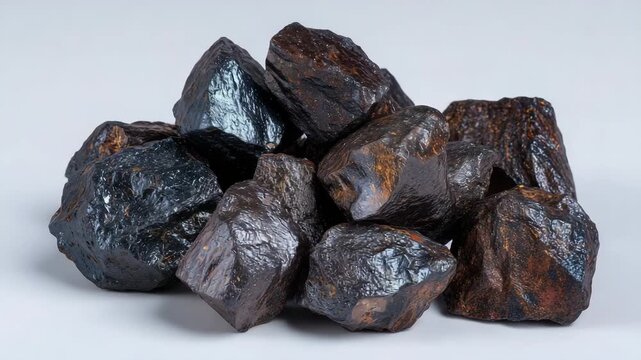 159Detailed macro photograph of rough hematite stones, deep gray metallic sheen glistening against pure white backdrop
