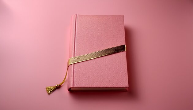 a closed pink book with a textured cover and a gold bookmark lies on a matching pink background