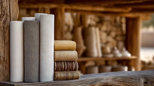 162Artistic composition of assorted linen and cotton fabric rolls, natural flax fibers, woven burlap, and handmade canvas textures displayed in warm natural light, evoking bohemian co