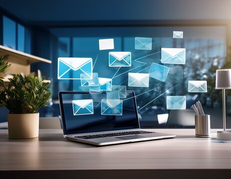 floating digital email notifications over a table standard in a modern workspace for enhanced communication