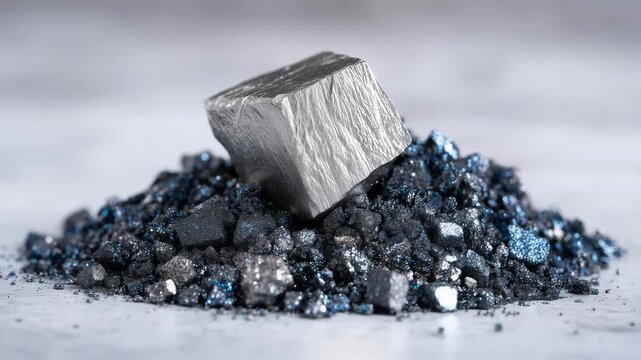 162Macro composition of silver and iron mineral fragments on a white studio background, balanced light emphasizing surface detail