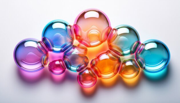 colorful soap bubbles arranged in a flower shape showcasing iridescent reflections on a white background - Powered by Adobe