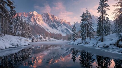 Majestic alpine landscape at sunrise, snow-covered mountains and frozen lake reflecting soft pastel colors, tall firs covered in heavy snow, peaceful untouched winter wonderland - Powered by Adobe