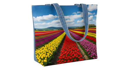 Tote bag isolated on white background featuring vibrant tulip field design