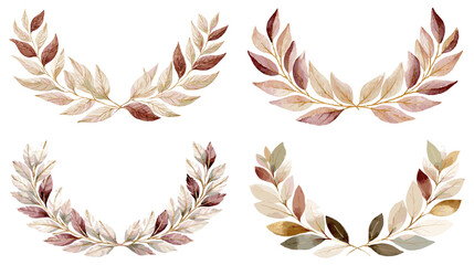 Elegant watercolor leaf laurel wreaths in natural earthy shades. Perfect for invitations branding decor wedding design botanical themes and refined decorative artwork.